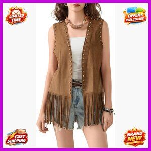 Faux Suede Fringe Vest Sleeveless Western Tassel Jacket Hippie Costume
